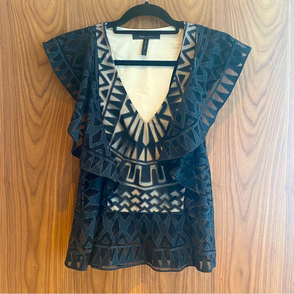 BCBGmaxazria Jenni Ruffled Lace racerback blouse